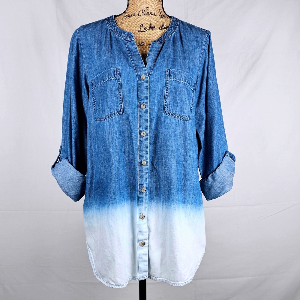 Beautiful J. Jill Denim Shirt Ombre Dip Dye Collarless Button Down Blue White M - Picture 2 of 13